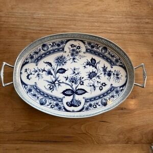 Large Dutch Delft Blue Flora Serving Tray w Silver Plate Handles 18.5" Holland